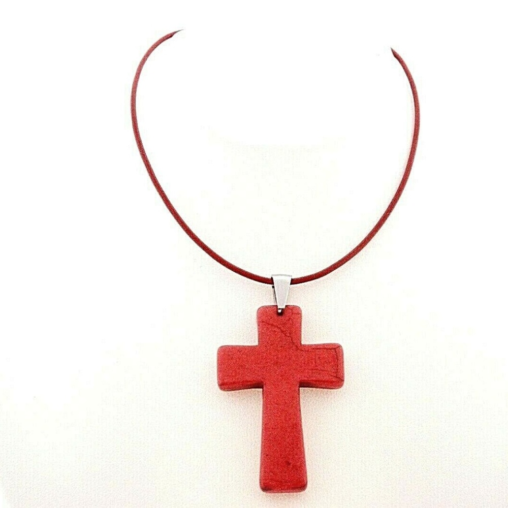 Unisex Red Howlite Christian Cross Necklace